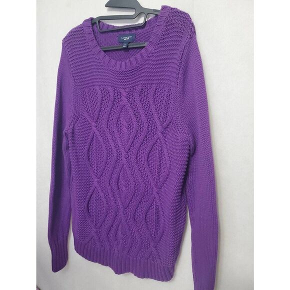 Lands' End Women's Drifter Purple Cable Knit Heavy Cotton Crew Neck Sweater - Picture 3 of 8